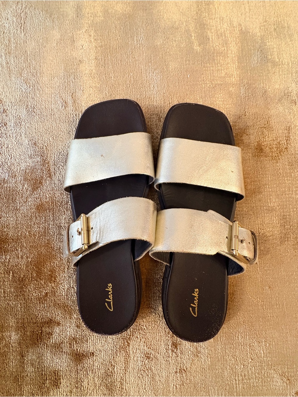 Clarks Women's Gold Double-Strap Buckle Slide Sandals